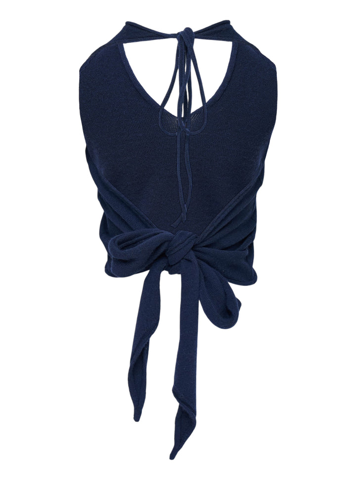Mardi Mercredi navy cashmere wool blend halter top with V-neckline, tie-back fastening and white script logo embroidery - view 2