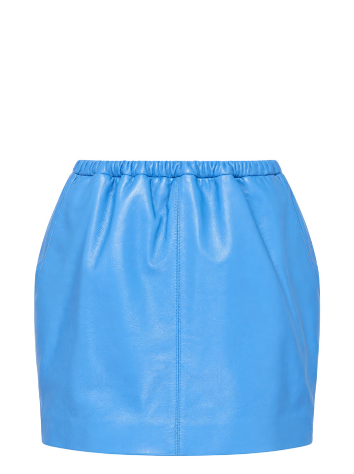 Mardi Mercredi blue lambskin mini skirt with gathered elasticated waistband, shown from the back