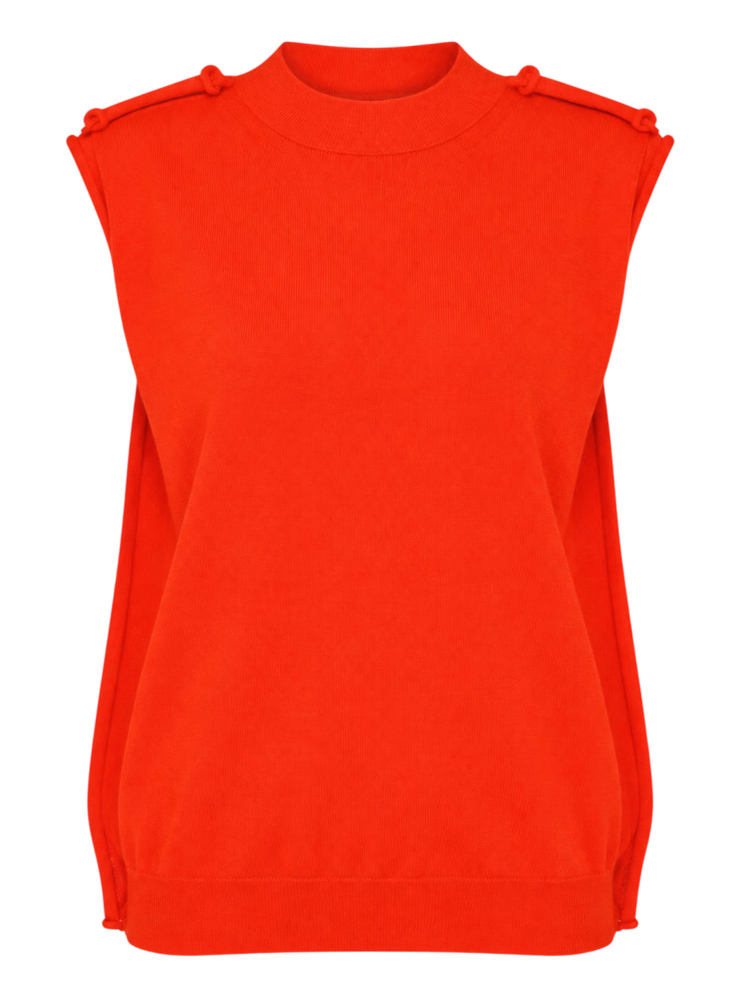 Sofie D'Hoore sleeveless crew neck knit top in bright red-orange with ribbed collar and knotted shoulder details, shown from the front