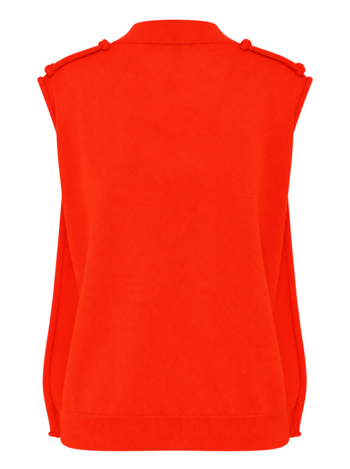Sofie D'Hoore sleeveless crew neck knit top in bright red-orange with ribbed collar and knotted shoulder details, shown from the front - view 2