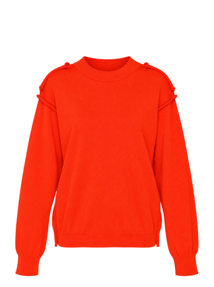 Sofie D'Hoore long sleeve crew neck sweater in vivid red-orange with knotted shoulder detailing and ribbed cuffs and hem
