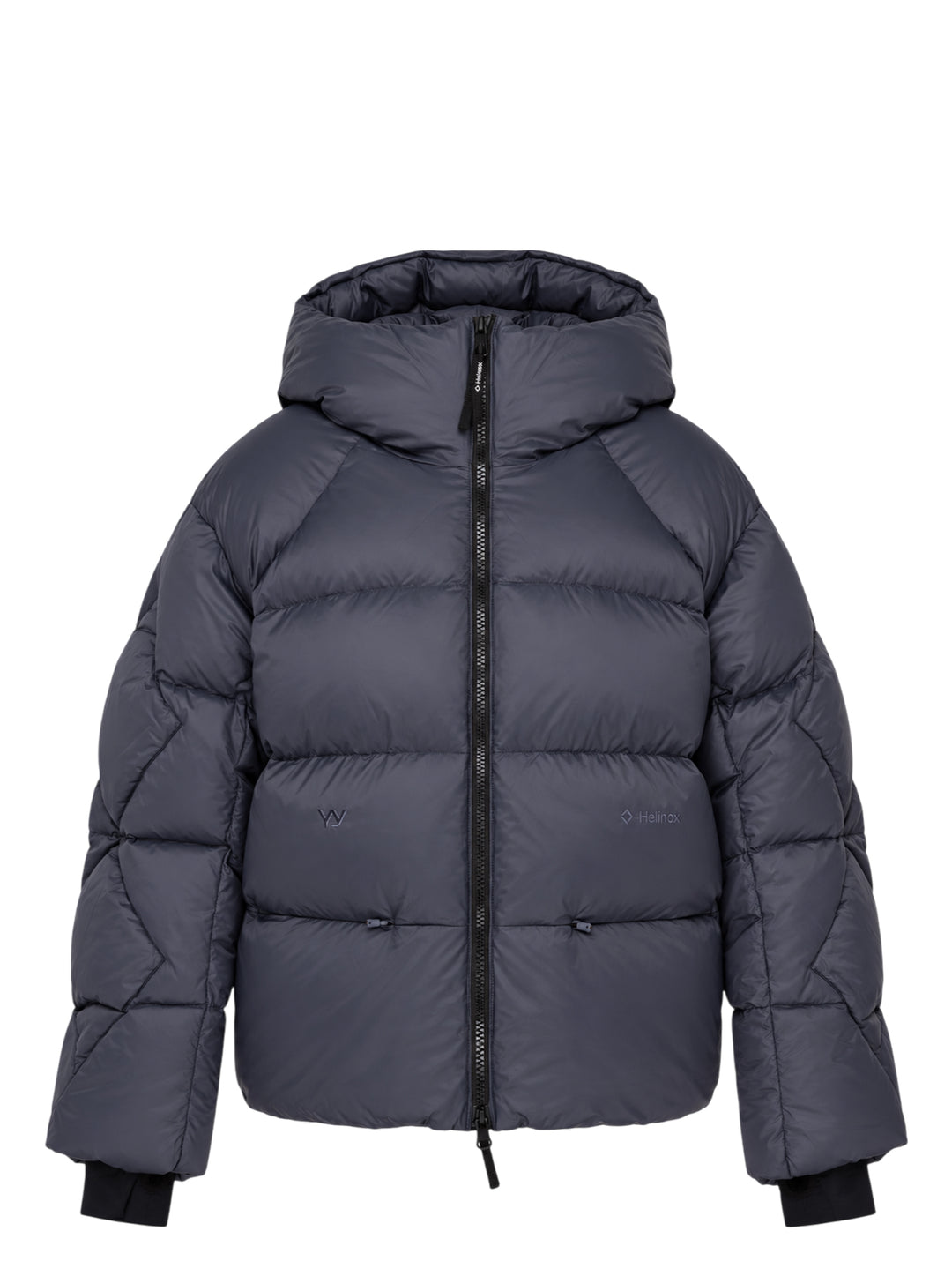 Open YY x Helinox Eclipse Heavy hooded puffer jacket in slate grey with star-quilted sleeves, two-way front zip and hem toggles