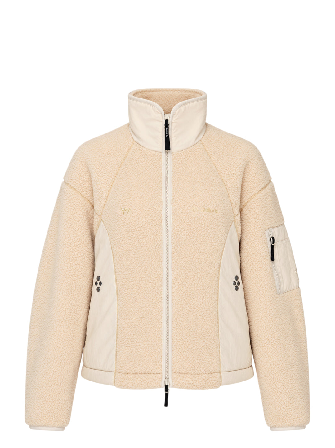 Open YY x Helinox cream sherpa fleece jacket with nylon side panels, stand collar, two-way zip and sleeve utility pocket