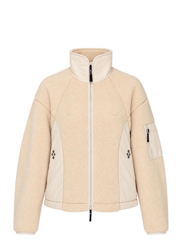 Open YY x Helinox cream sherpa fleece jacket with nylon side panels, stand collar, two-way zip and sleeve utility pocket
