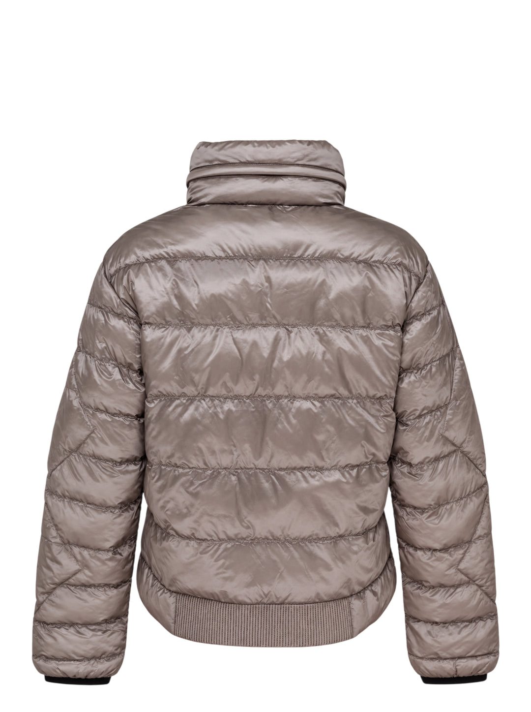 Open YY x Helinox Eclipse Light puffer jacket in metallic taupe with geometric quilting, asymmetric black double zip and padded stand collar - view 2