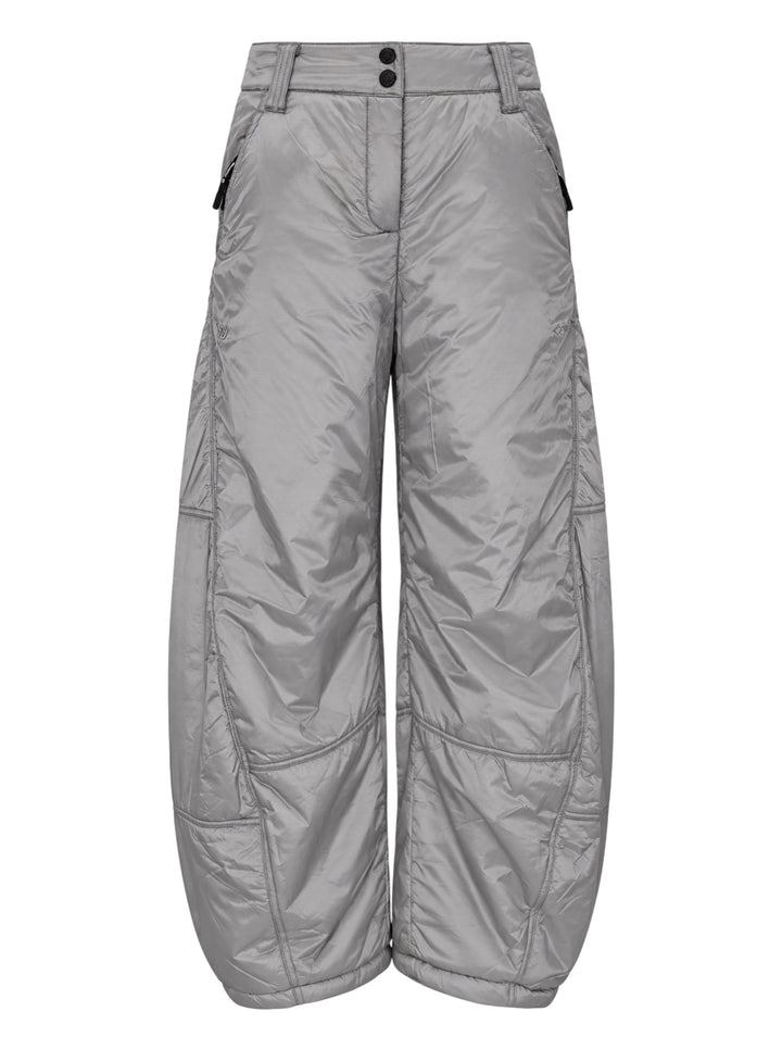 Open YY x Helinox grey padded pants with a quilted finish, barrel leg silhouette and zip pockets, shown from the front