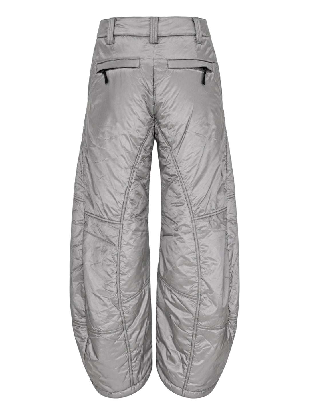 Open YY x Helinox grey padded pants with a quilted finish, barrel leg silhouette and zip pockets, shown from the front - view 2