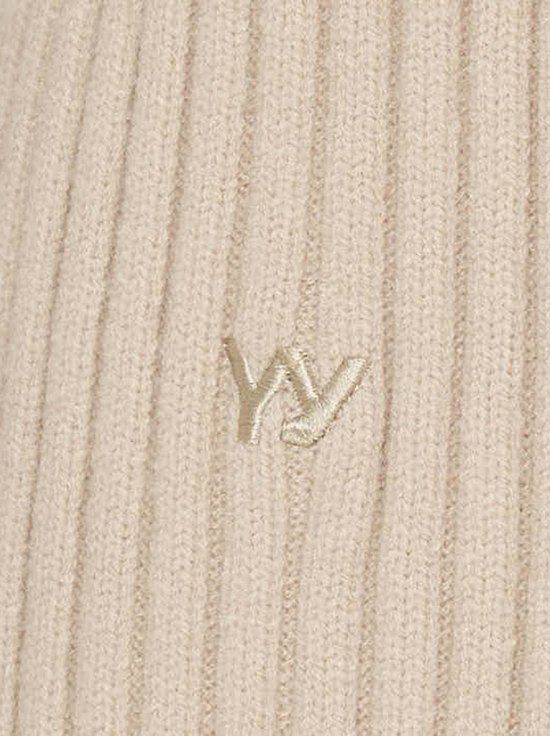 OPEN YY x Helinox beige ribbed knit sweater with V-neckline, shoulder zip slits and black Helinox label, front view - view 3