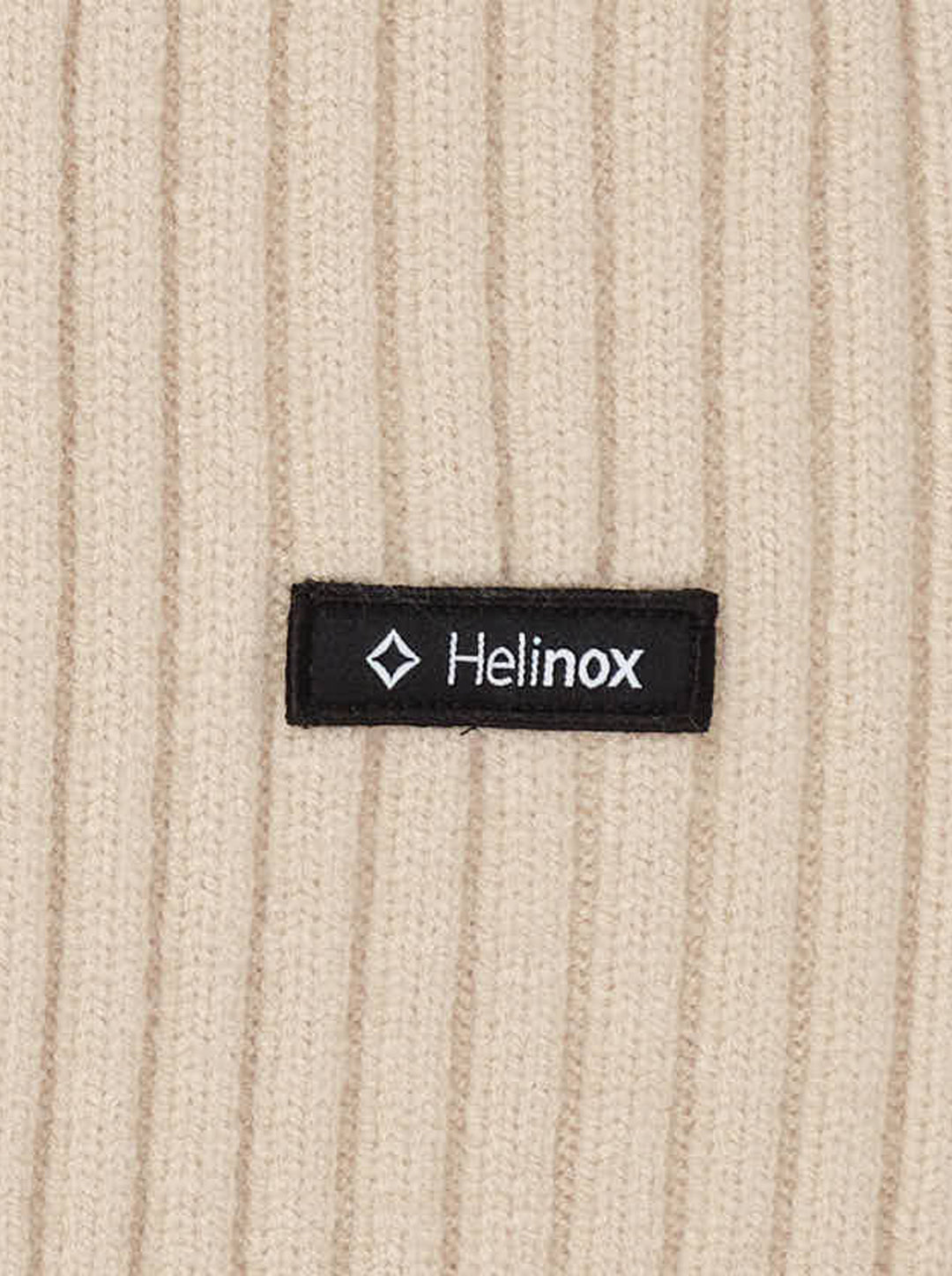 OPEN YY x Helinox beige ribbed knit sweater with V-neckline, shoulder zip slits and black Helinox label, front view - view 4