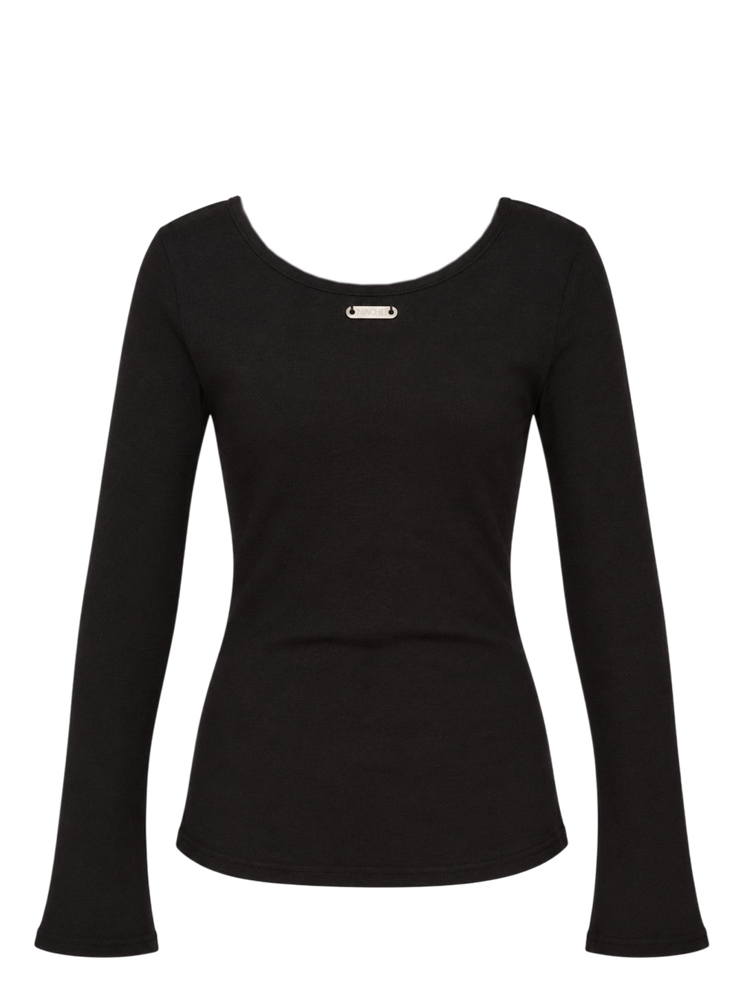 Black Nache slim fit long sleeve top with scoop neckline, flared cuffs and a distorted white typographic graphic reading 'For me, memory were the present' - view 2