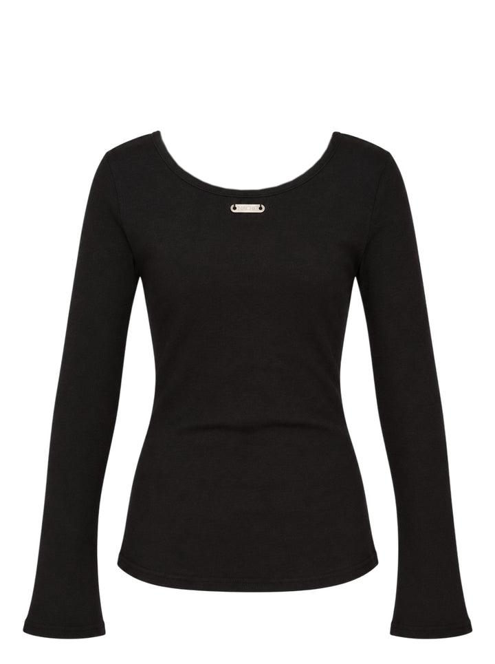 Black Nache slim fit long sleeve top with scoop neckline, flared cuffs and a distorted white typographic graphic reading 'For me, memory were the present' - view 2
