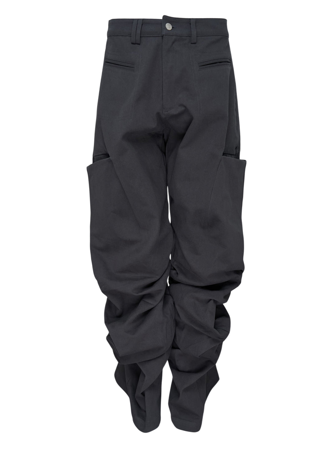 Nache Pintuck Wide Pants in charcoal grey twill with oversized hip pockets and a gathered, draped wide leg, front view