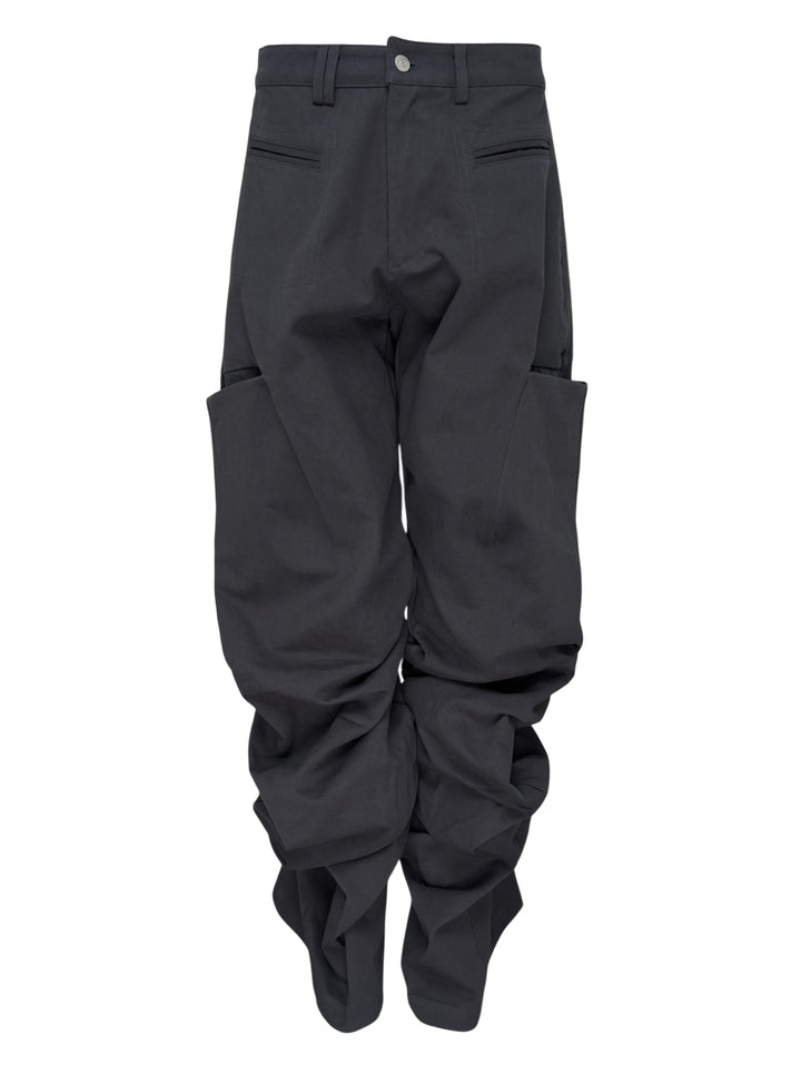 Nache Pintuck Wide Pants in charcoal grey twill with oversized hip pockets and a gathered, draped wide leg, front view