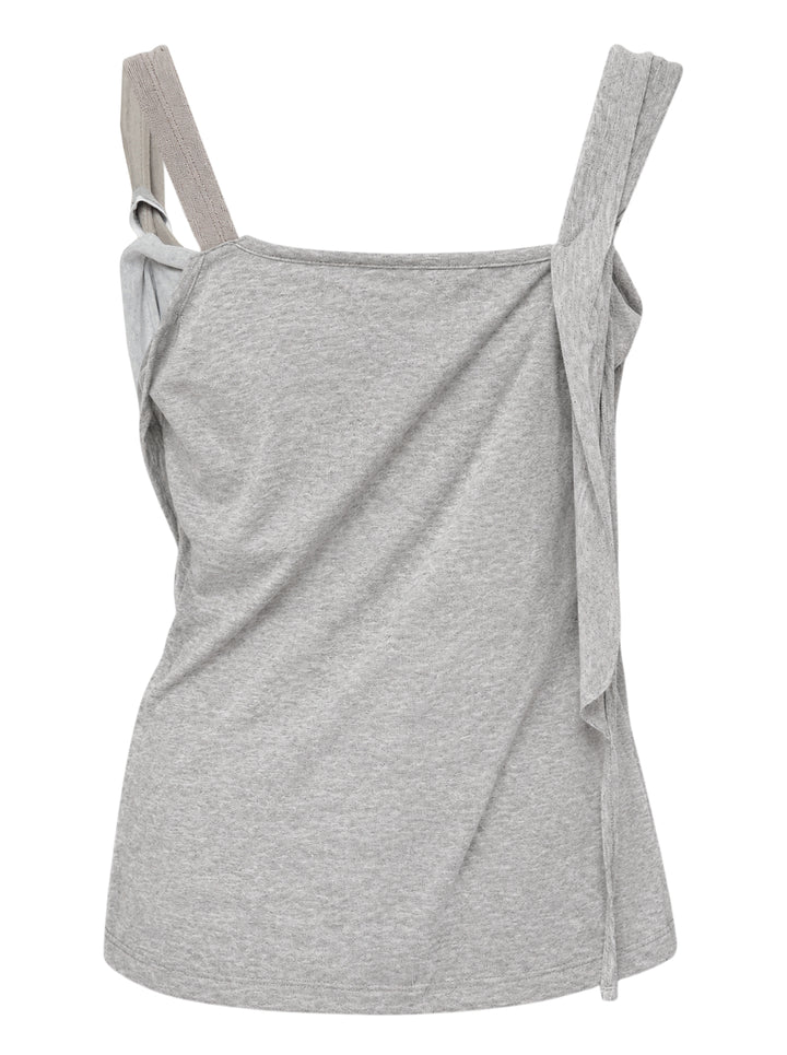 Nache Rawcut Halter Sleeveless Top in heather grey jersey with draped taupe ribbon layers and raw-edge detailing at the neckline - view 2