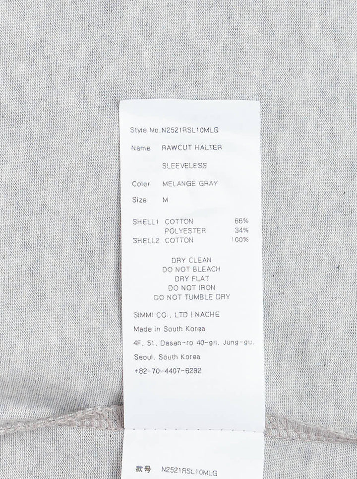 Nache Rawcut Halter Sleeveless Top in heather grey jersey with draped taupe ribbon layers and raw-edge detailing at the neckline - view 3