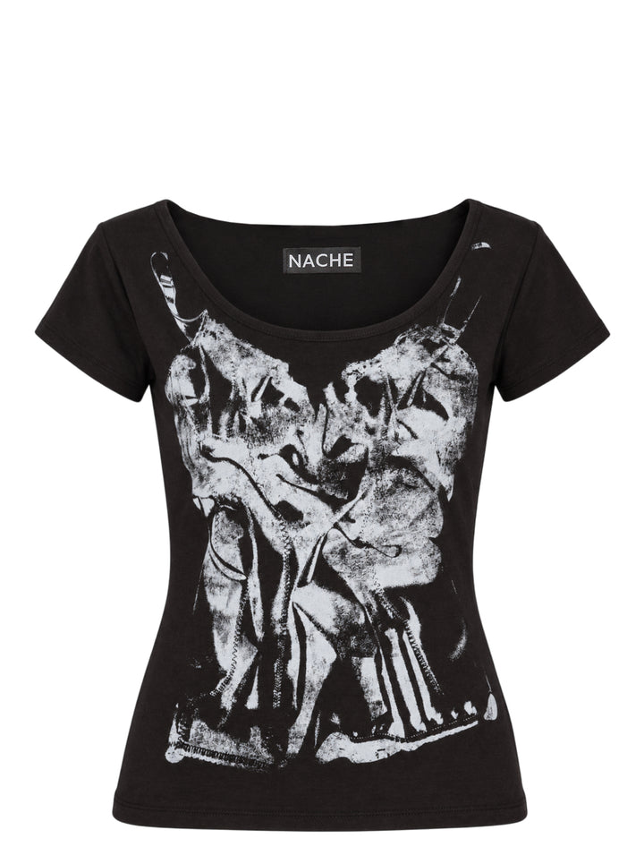 Nache black short-sleeve scoop-neck T-shirt with a distressed white X-ray slip dress print across the front