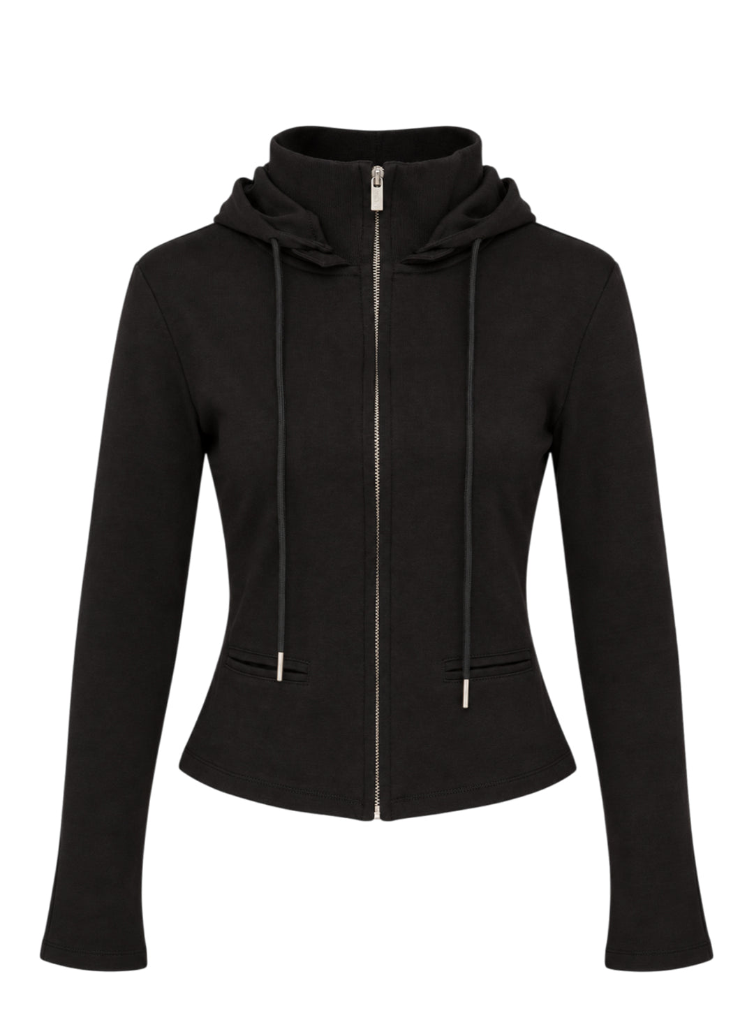 Nache black fitted zip-up hoodie with layered hood, ribbed funnel collar, drawstrings and welt waist pockets