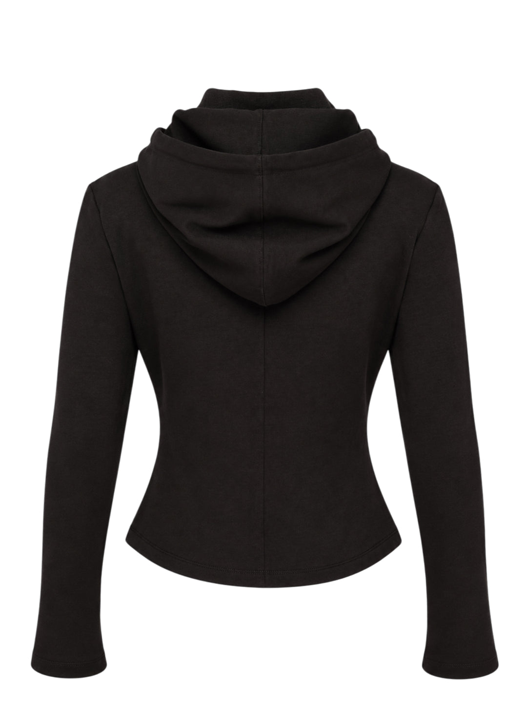 Nache black fitted zip-up hoodie with layered hood, ribbed funnel collar, drawstrings and welt waist pockets - view 2