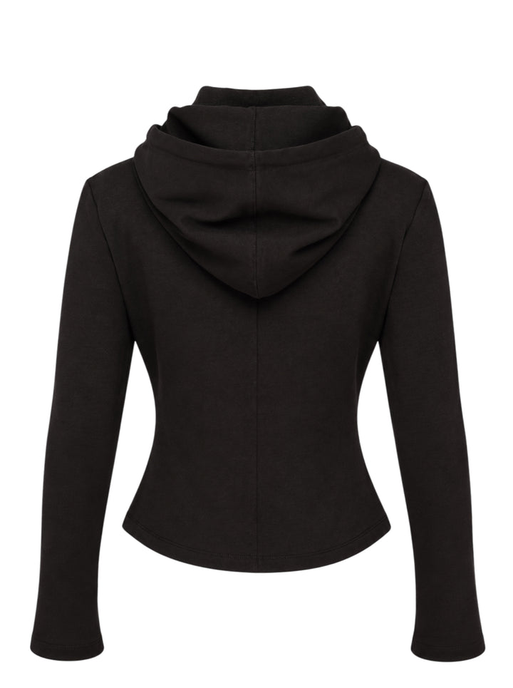 Nache black fitted zip-up hoodie with layered hood, ribbed funnel collar, drawstrings and welt waist pockets - view 2