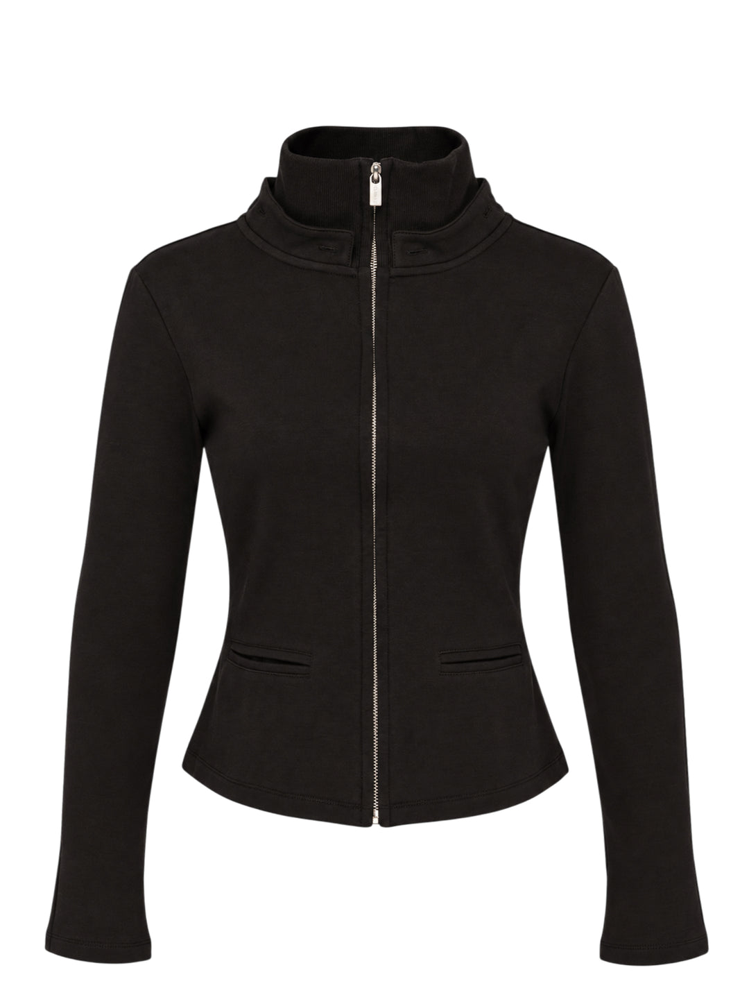 Nache black fitted zip-up hoodie with layered hood, ribbed funnel collar, drawstrings and welt waist pockets - view 3