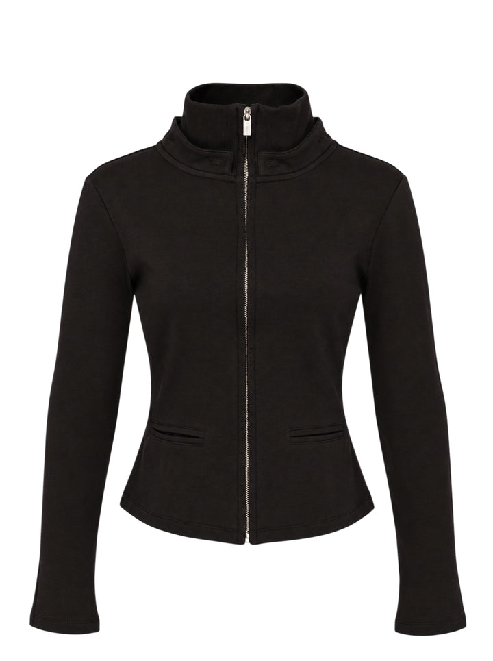 Nache black fitted zip-up hoodie with layered hood, ribbed funnel collar, drawstrings and welt waist pockets - view 3
