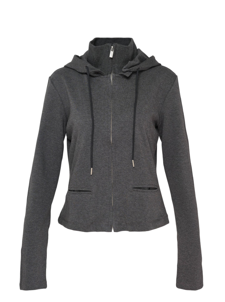 Heather charcoal grey zip-up hoodie with detachable hood, ribbed funnel collar, black drawcords and slit waist pockets