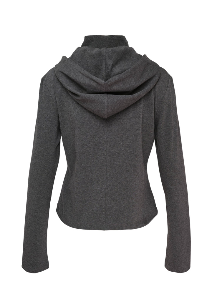 Heather charcoal grey zip-up hoodie with detachable hood, ribbed funnel collar, black drawcords and slit waist pockets - view 2