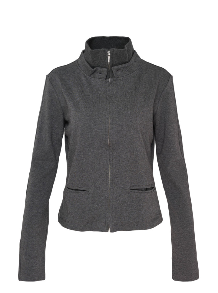 Heather charcoal grey zip-up hoodie with detachable hood, ribbed funnel collar, black drawcords and slit waist pockets - view 3