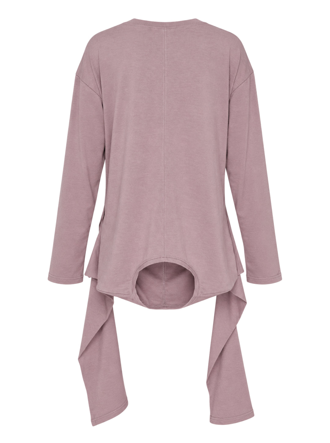 Nache Double Arm Long Sleeve Top in dusty mauve jersey with crew neckline, centre front seam and draped trailing side panels - view 2