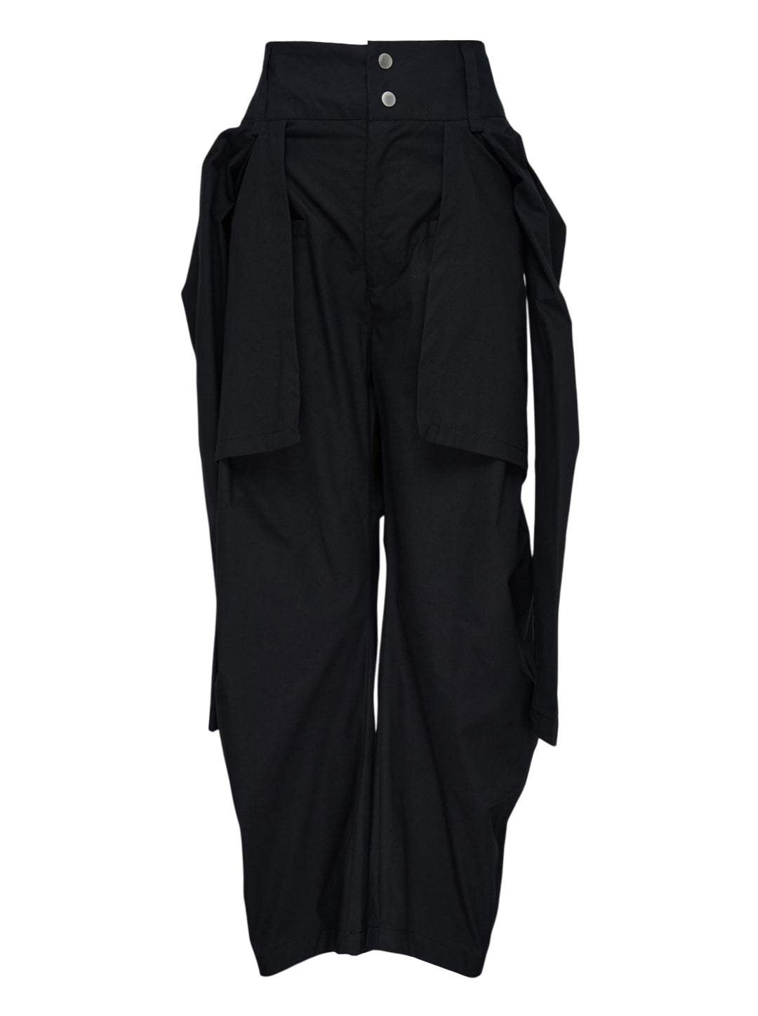 Nache Tied Shirt Pants in black, shown from the front with high waist, double snap closure and draped sleeve ties at the hips