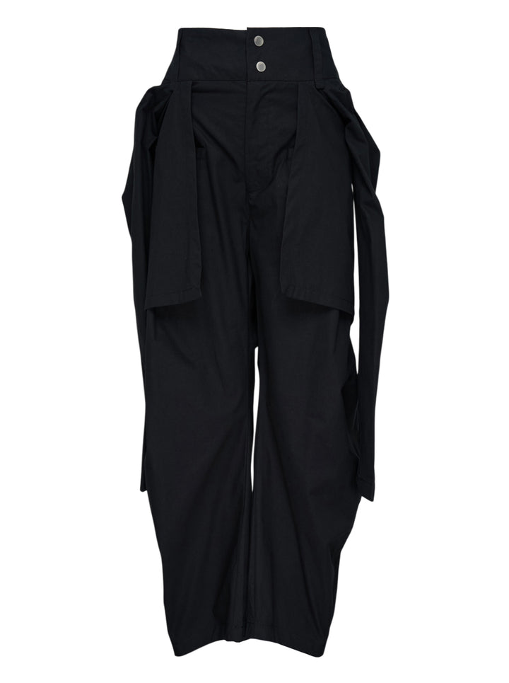 Nache Tied Shirt Pants in black, shown from the front with high waist, double snap closure and draped sleeve ties at the hips