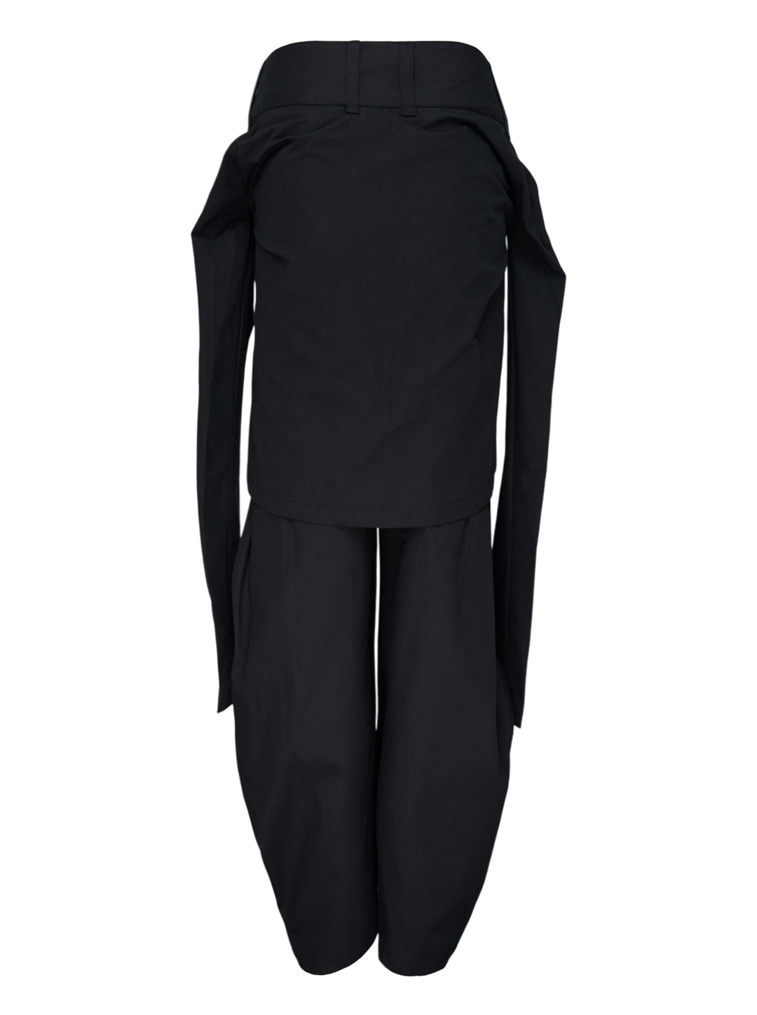 Nache Tied Shirt Pants in black, shown from the front with high waist, double snap closure and draped sleeve ties at the hips - view 2