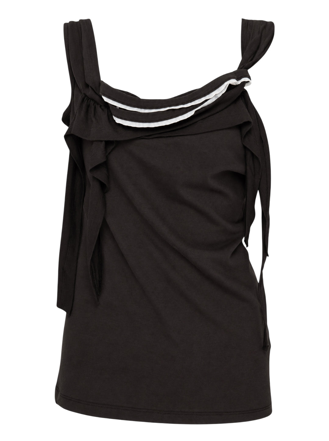 Black sleeveless jersey top with raw-cut ruffles, knotted straps and white piped draped neckline