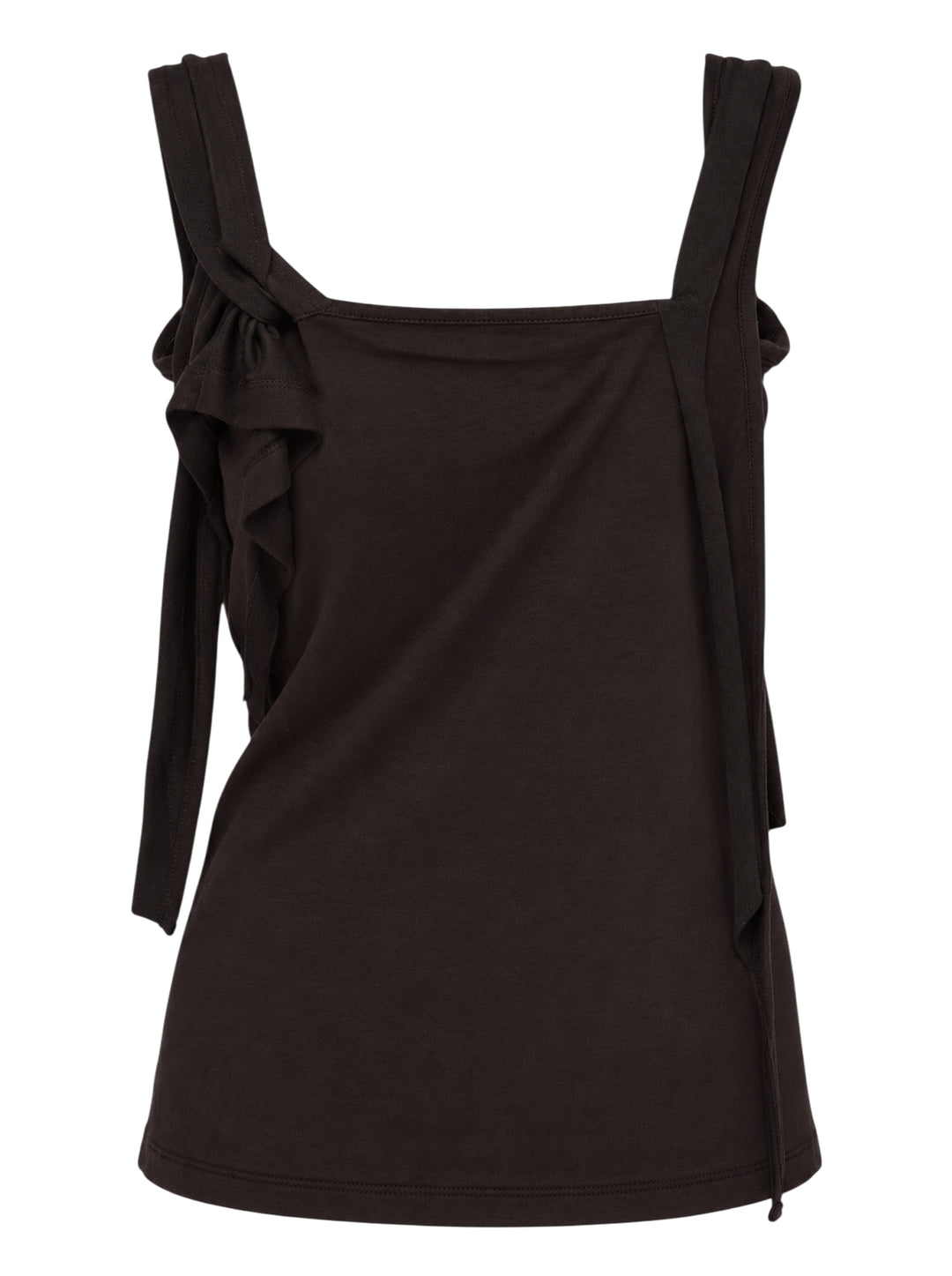 Black sleeveless jersey top with raw-cut ruffles, knotted straps and white piped draped neckline - view 2