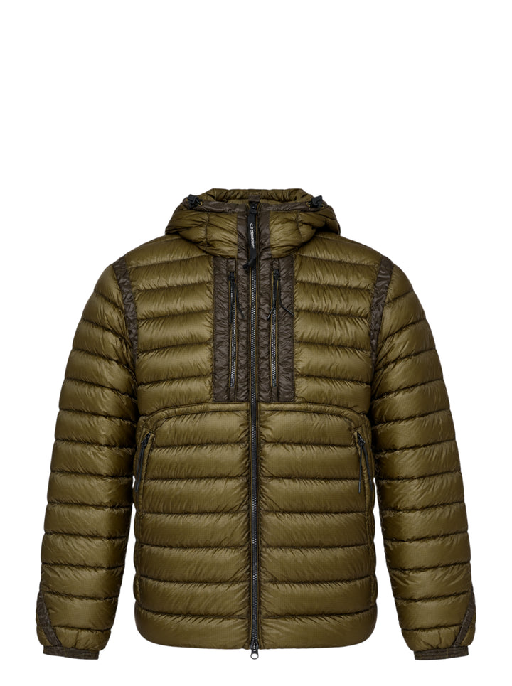 Olive green hooded quilted down jacket with tonal chest panels, zip pockets and ripstop shell