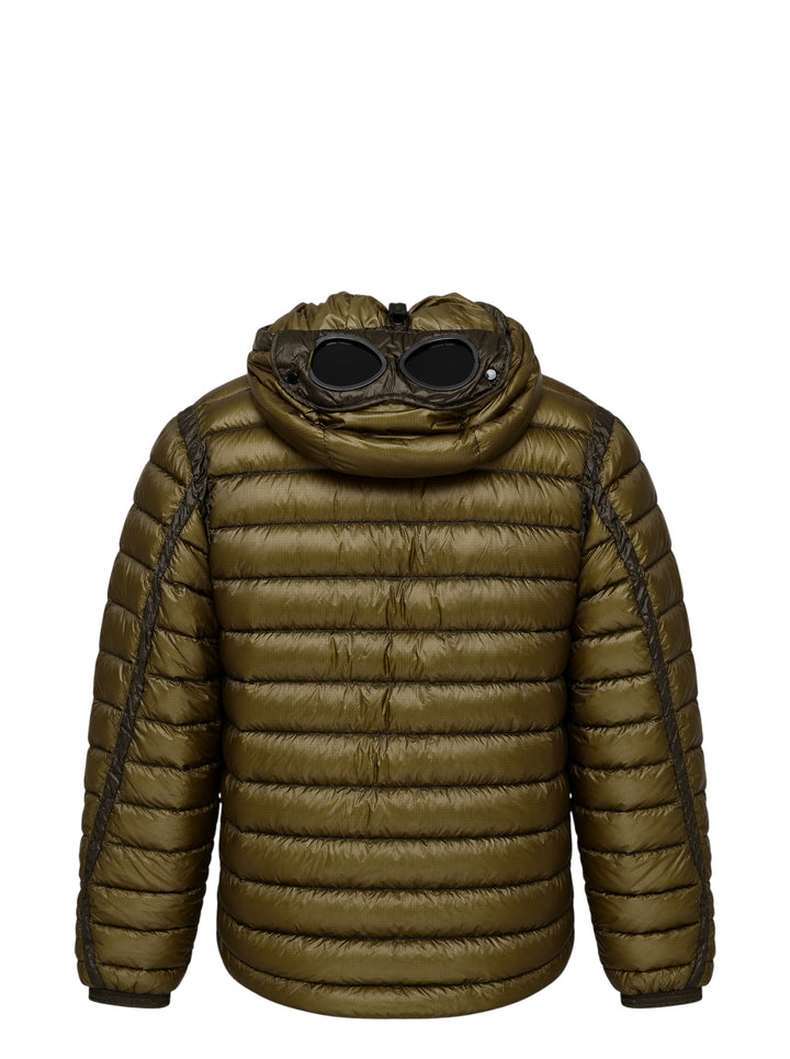 Olive green hooded quilted down jacket with tonal chest panels, zip pockets and ripstop shell - view 2