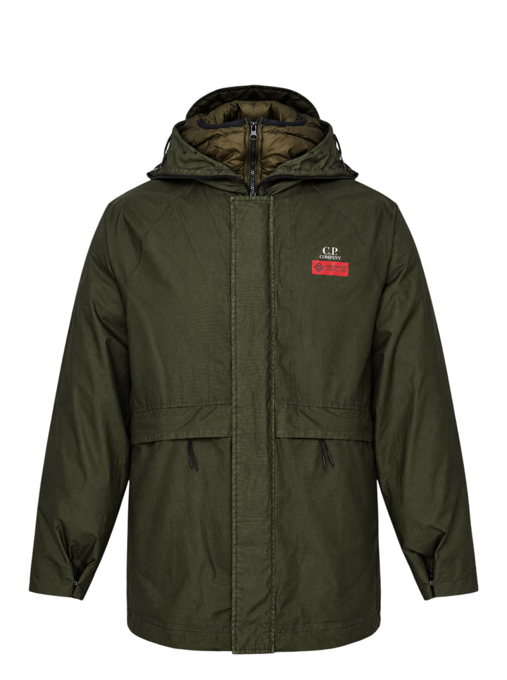 C.P. Company olive green ripstop hooded jacket with quilted inner layer, drawcord waist and chest Windstopper label