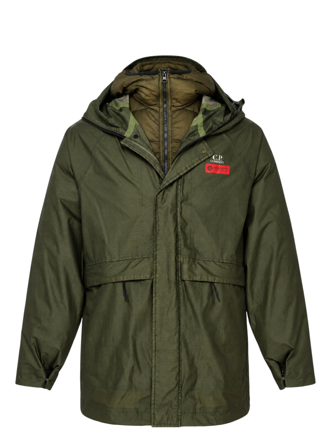 C.P. Company olive green ripstop hooded jacket with quilted inner layer, drawcord waist and chest Windstopper label - view 2