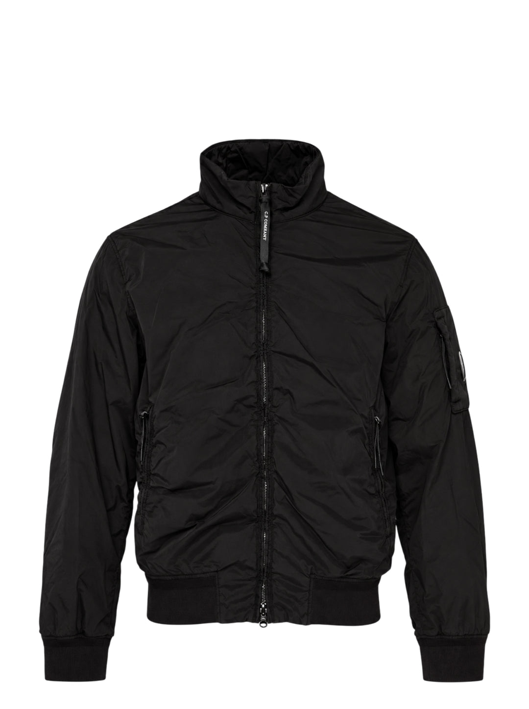 C.P. Company black Nycra-R padded bomber jacket with stand-up collar, double zip front and sleeve lens detail