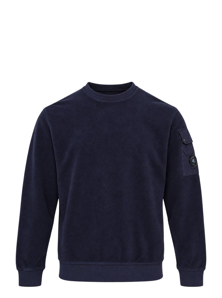 Navy brushed crew neck sweatshirt by C.P. Company with a sleeve utility pocket and signature lens detail