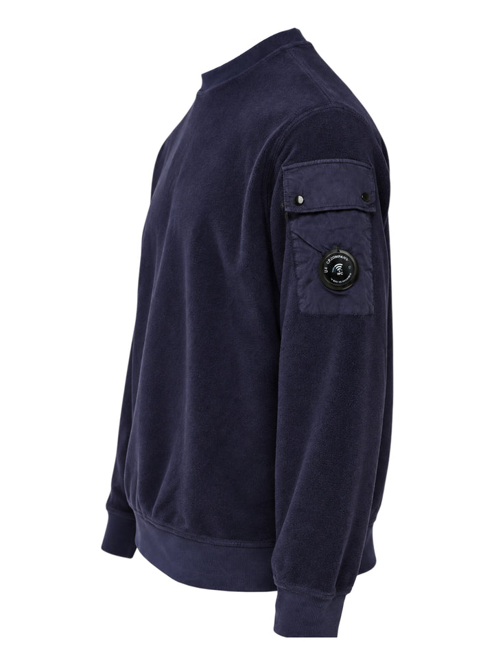 Navy brushed crew neck sweatshirt by C.P. Company with a sleeve utility pocket and signature lens detail - view 3