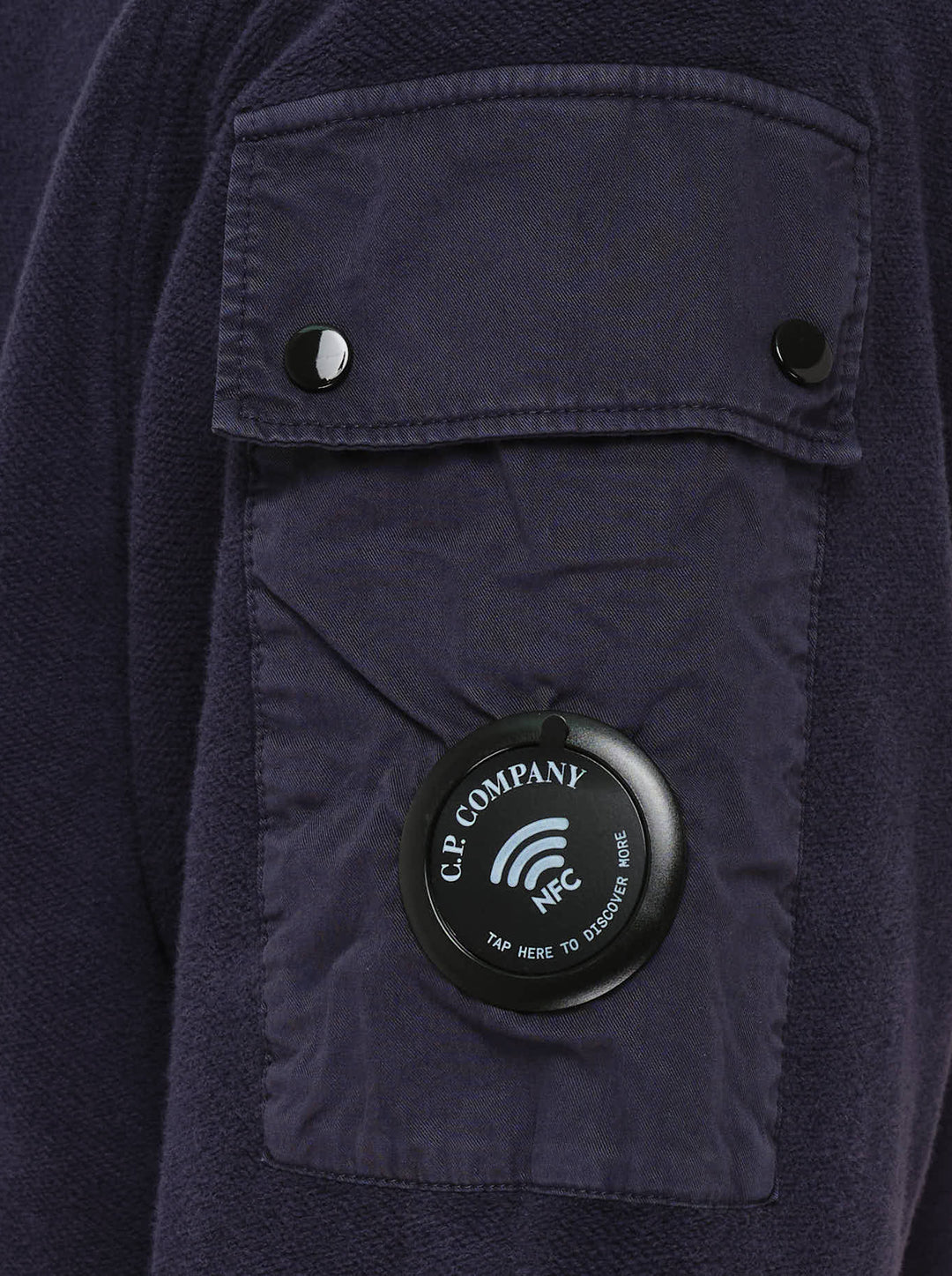 Navy brushed crew neck sweatshirt by C.P. Company with a sleeve utility pocket and signature lens detail - view 4