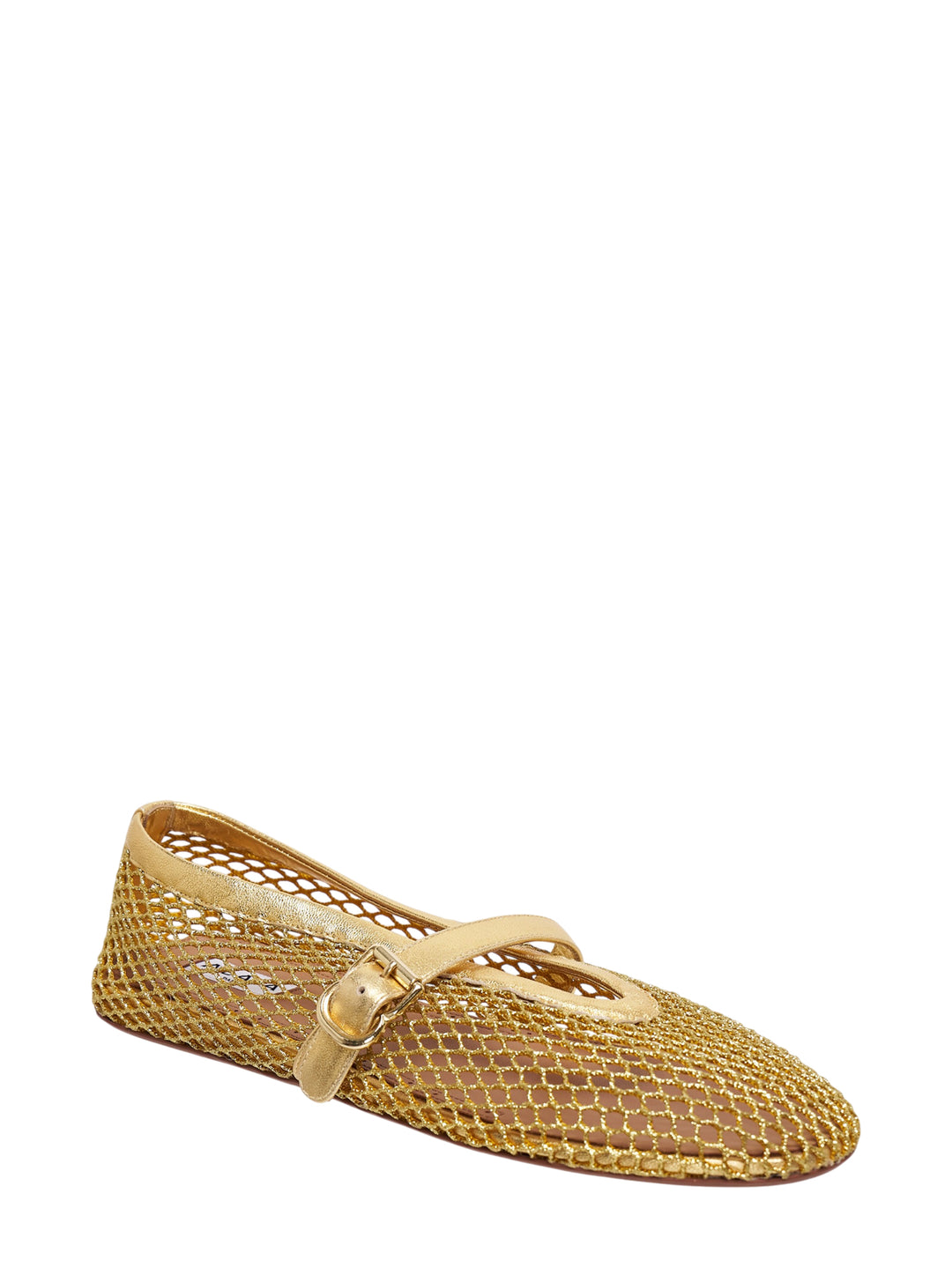 Alaïa La Ballerine Mesh flat in metallic gold with open-weave upper and buckled Mary Jane strap, side view - view 2