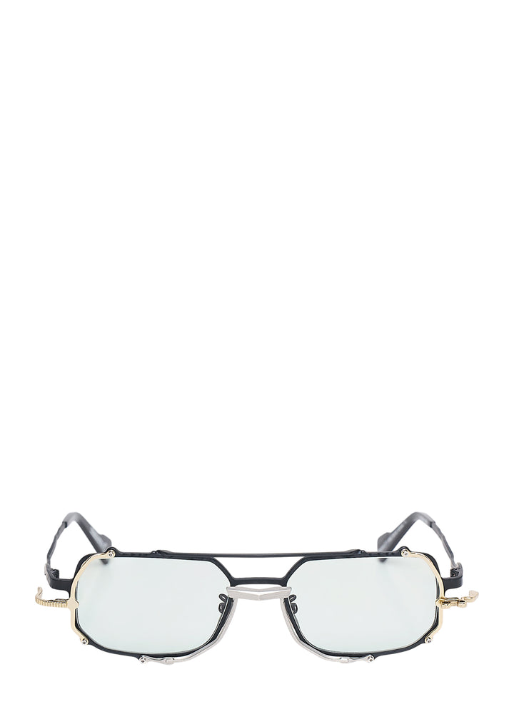 Kuboraum Black Gold Pilotis Frame glasses with angular matte black, gold and silver metal frame, double bridge and pale tinted lenses, front view