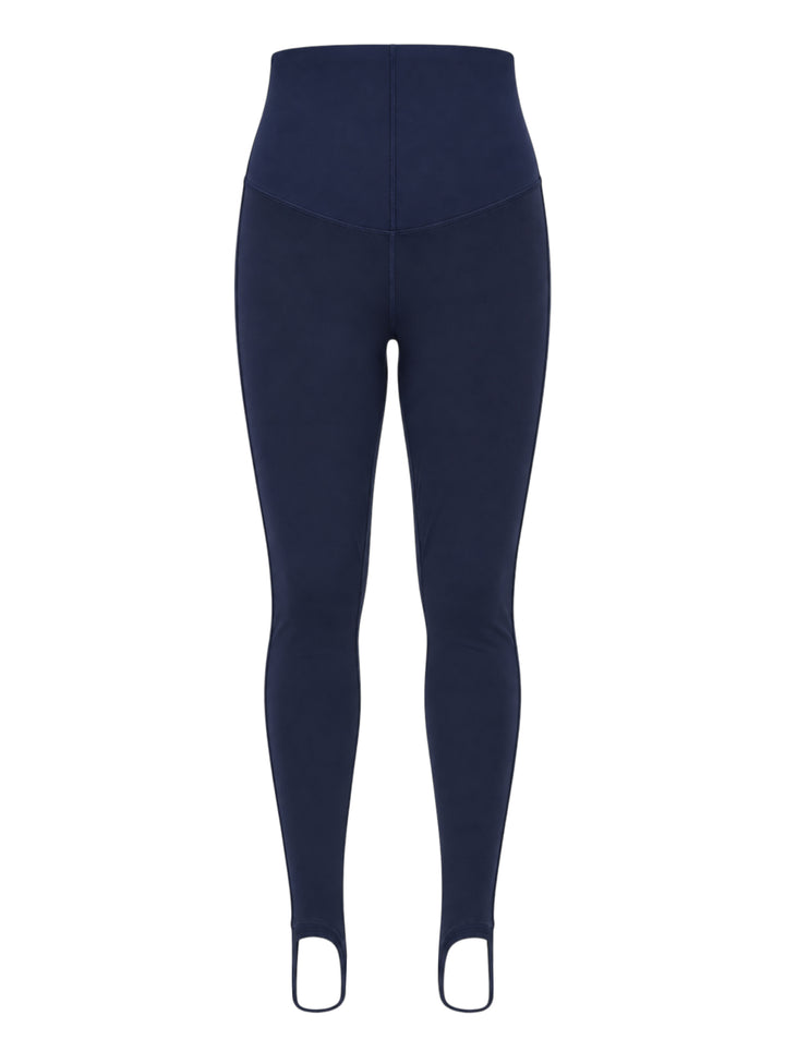 Navy high-waisted stirrup leggings from Nike x Jacquemus with a contoured waistband, shown from the front