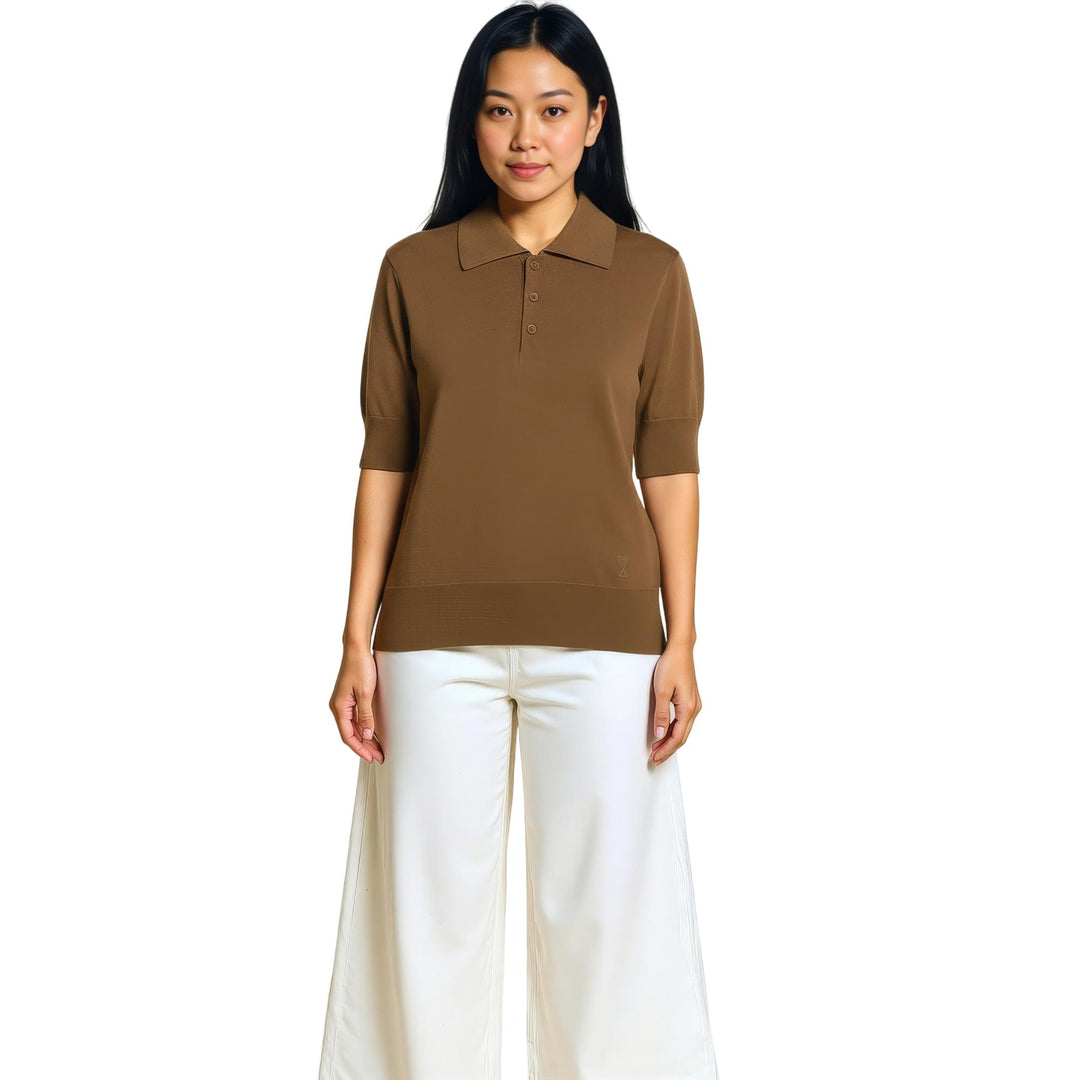 Club21 - AMI - ADC Extrafine Wool Blend Silk Knit Polo - POLOS - Brown