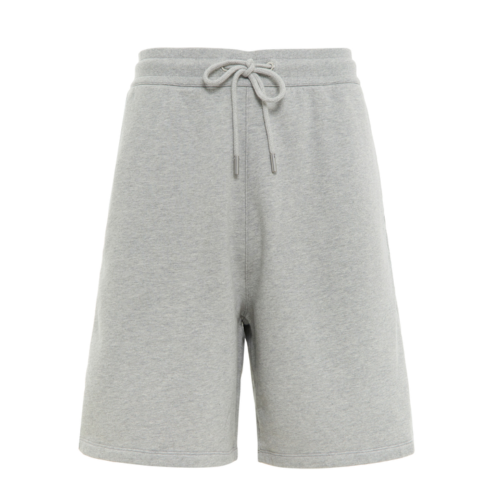 AMI De Coeur Sweat Shorts in heather grey with ribbed waistband and rope drawstring, front view