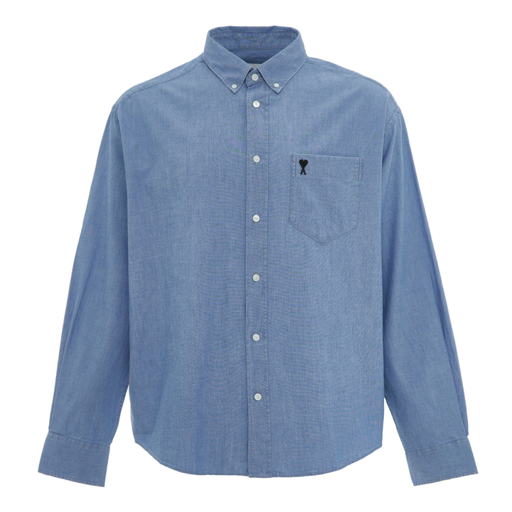 AMI Embroidered ADC Long Sleeve Shirt in washed chambray blue with button-down collar and black Ami de Cœur logo on chest pocket