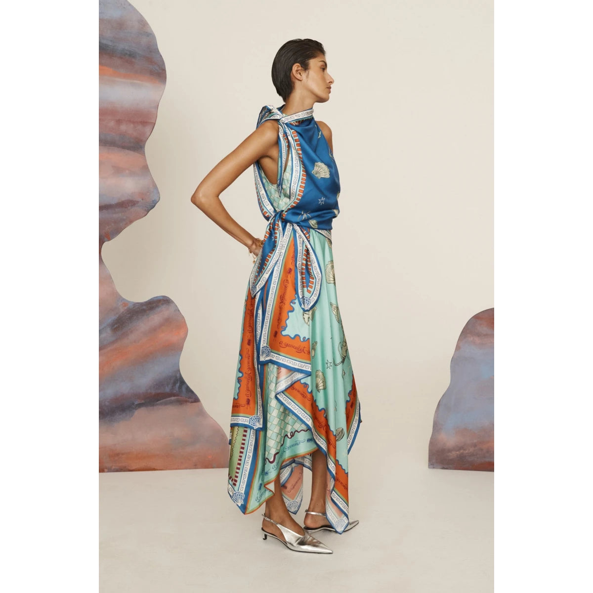 womens midi summer dresses with sleeves Floral Wrap Midi Dress Short Sleeve Side Tie Ladies Summer Chic Silk Dresses, S / Blue