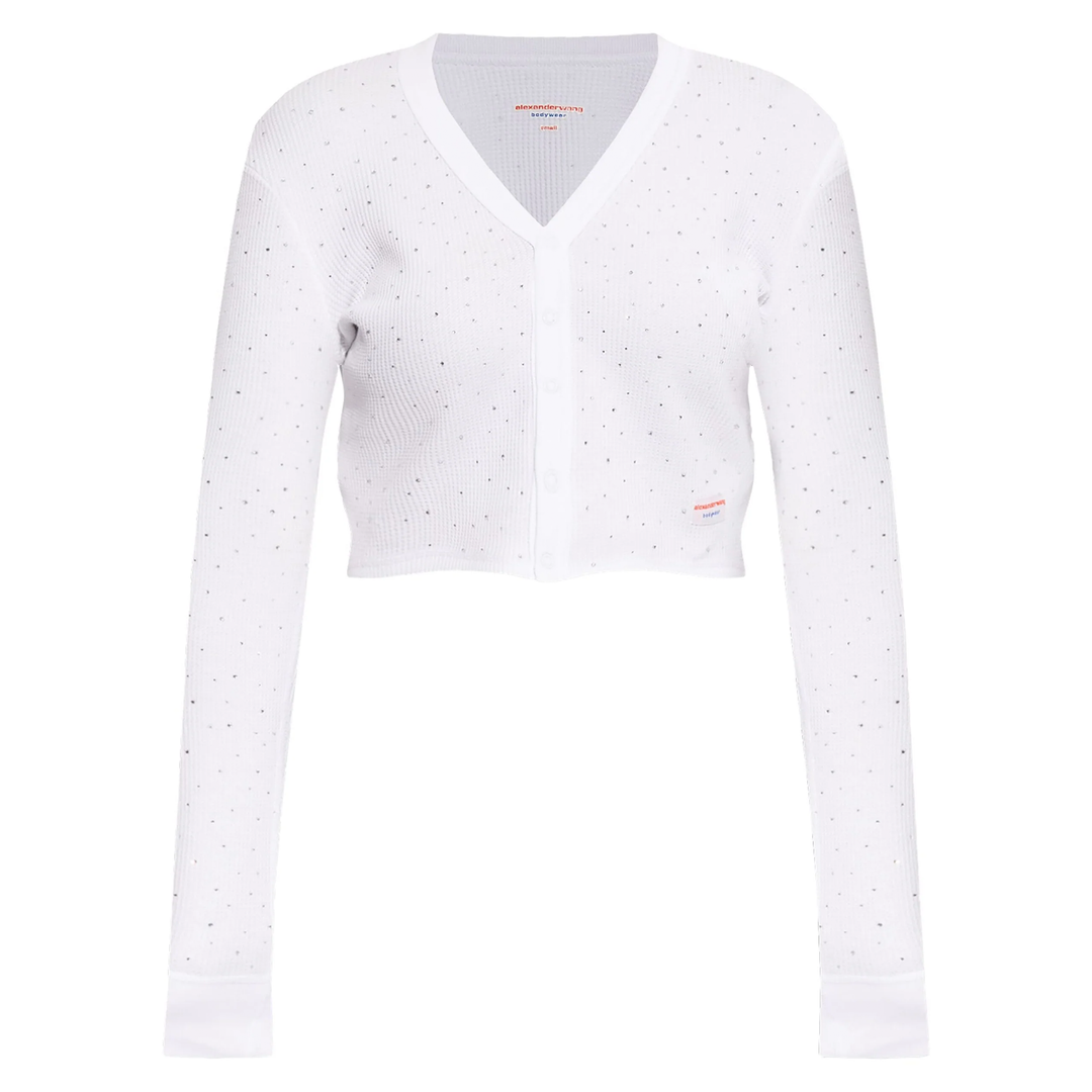 Crystal Hotfix Long-Sleeve Cardigan In Waffle Knit